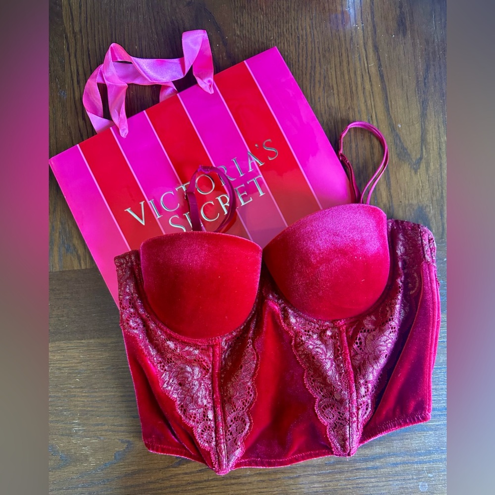 Victoria's Secret Corset Bustier Bra Velvet Red Size 36B